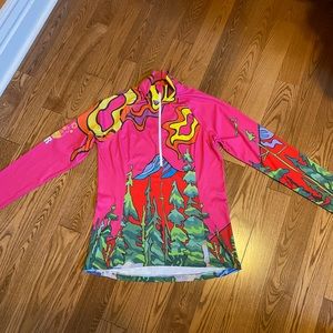 Canmore Artist Lynne Harrison’s designed half zip long sleeve shirt.